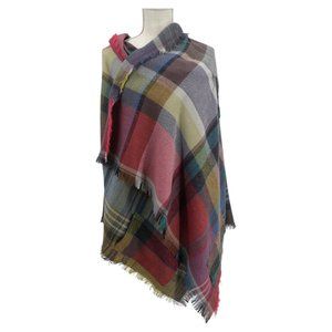 Multicolor Plaid Fuchsia Ruana Poncho Wrap with Pockets